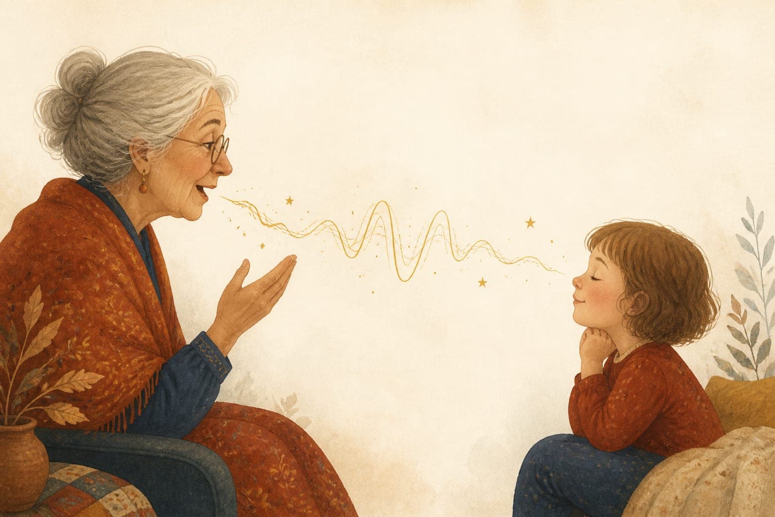 Watercolor illustration of a grandmother speaking while a golden sound-wave thread crosses the space to a child listening with closed eyes