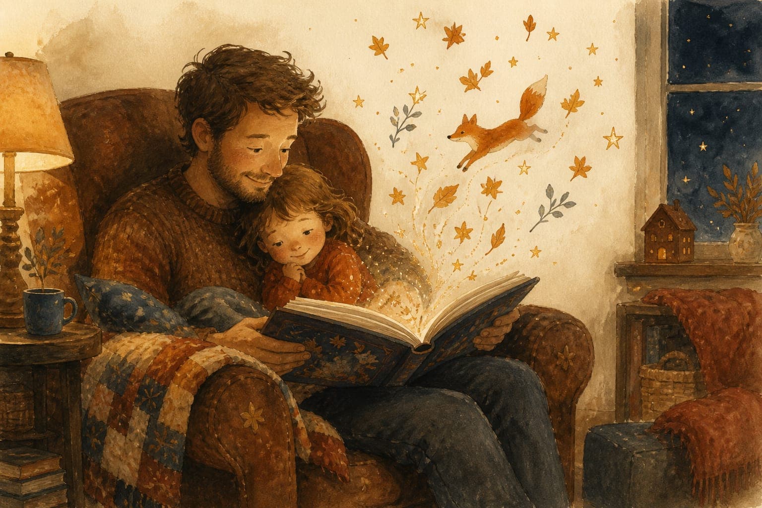 Watercolor illustration of a parent reading aloud to a child on their lap in an armchair, with stars, leaves, and a little fox drifting up from the book
