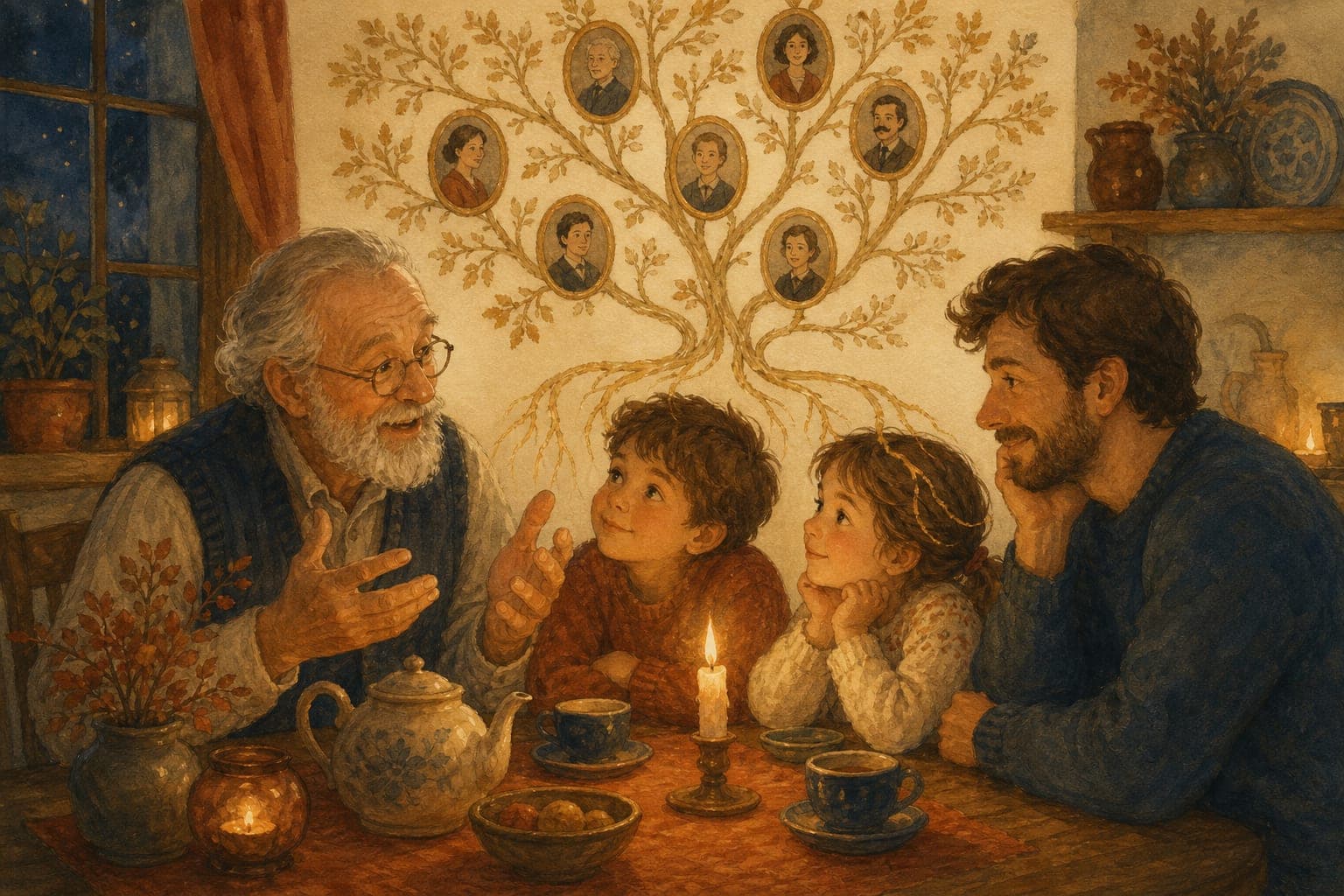 Watercolor illustration of three generations around a candlelit kitchen table as a grandfather tells a story beneath a painted family tree