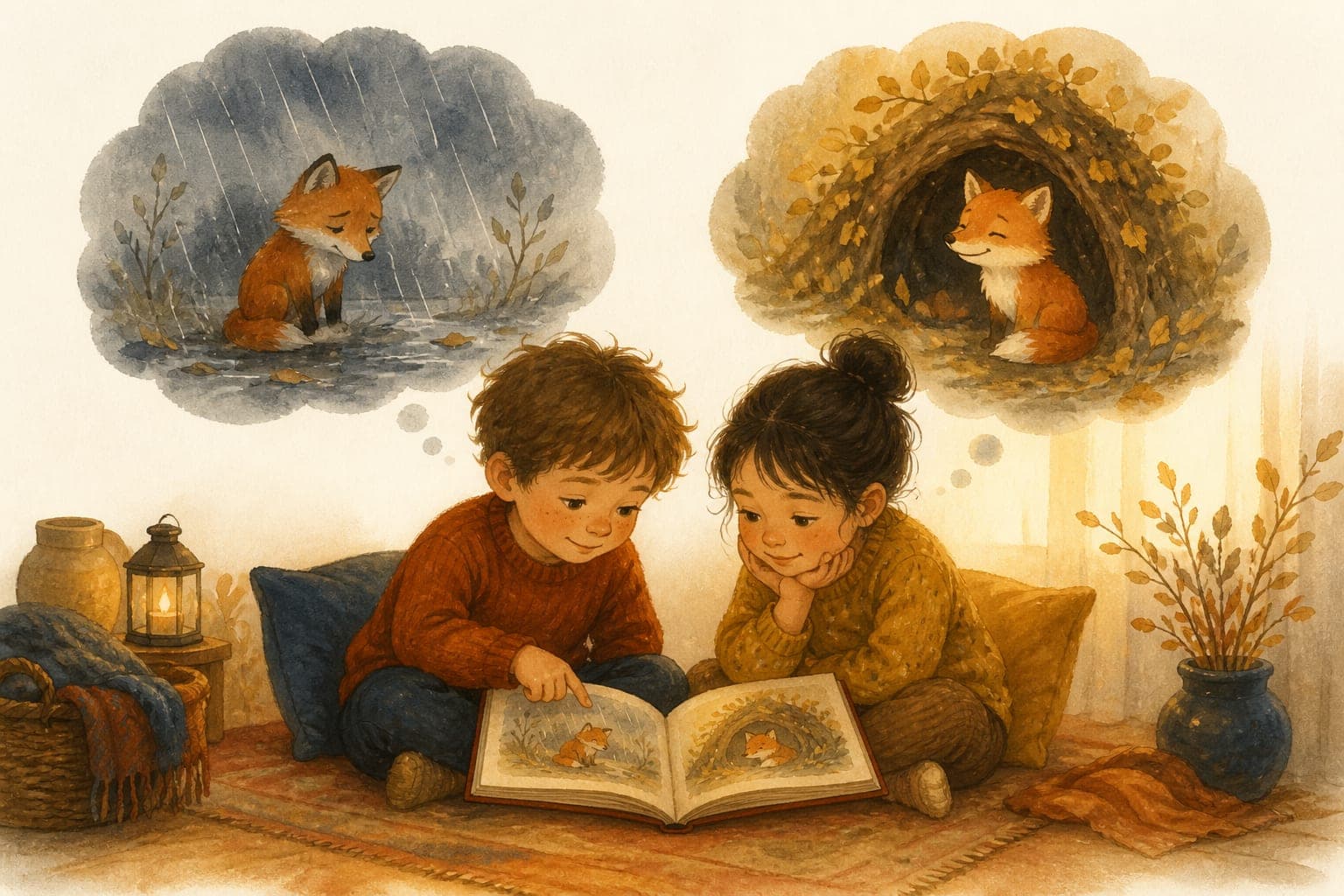Watercolor illustration of two children reading one book together, with soft thought clouds above them showing they imagine the same scene differently