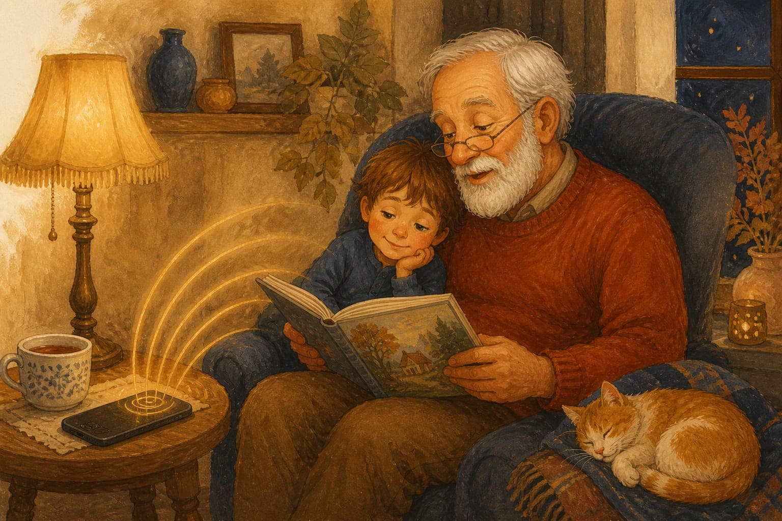 Watercolor illustration of a grandfather reading a picture book aloud to a child while a phone on the side table records golden sound waves