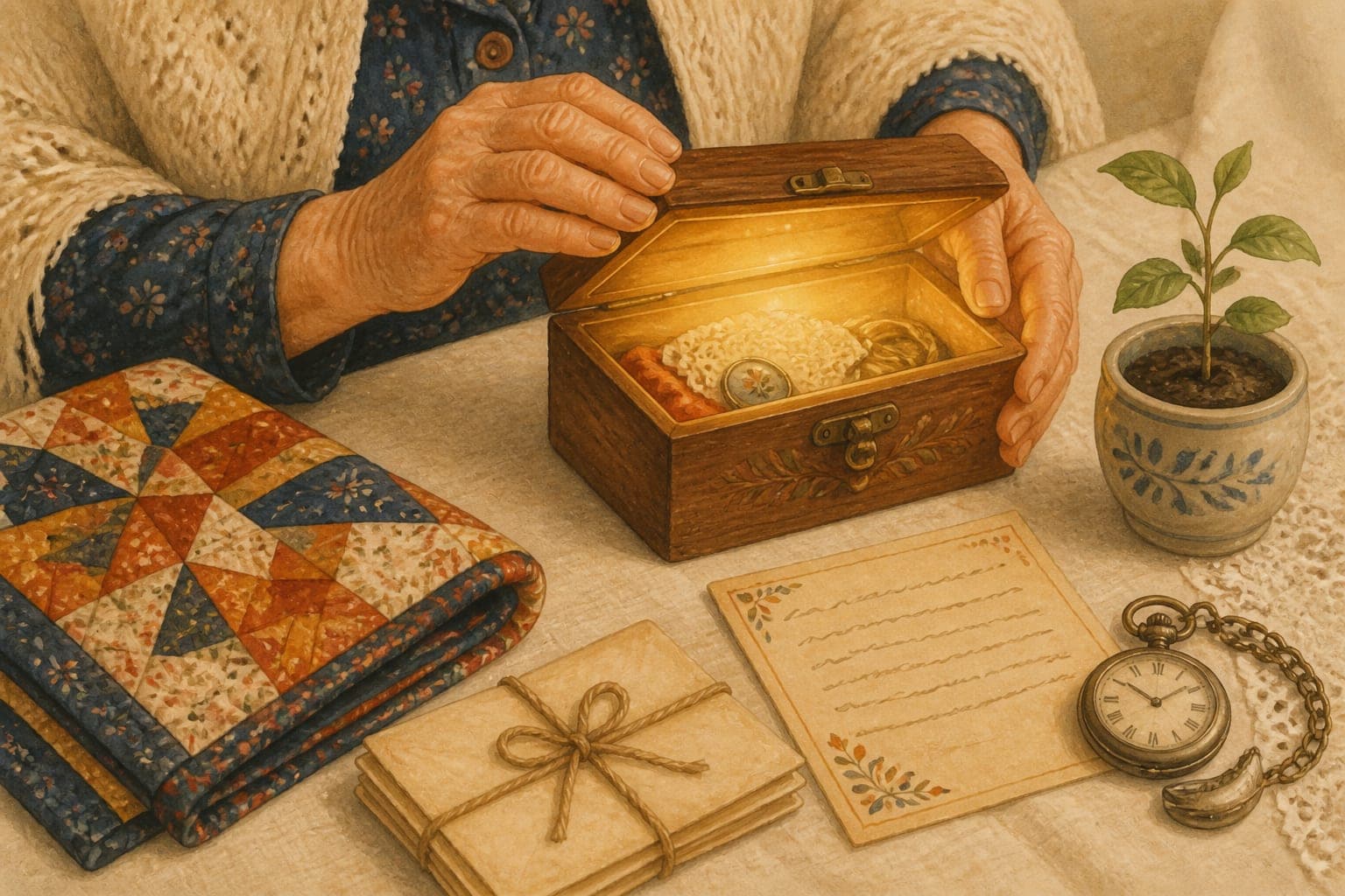 Watercolor illustration of a grandmother's hands opening a glowing wooden keepsake box surrounded by a quilt, tied letters, a recipe card, and a pocket watch