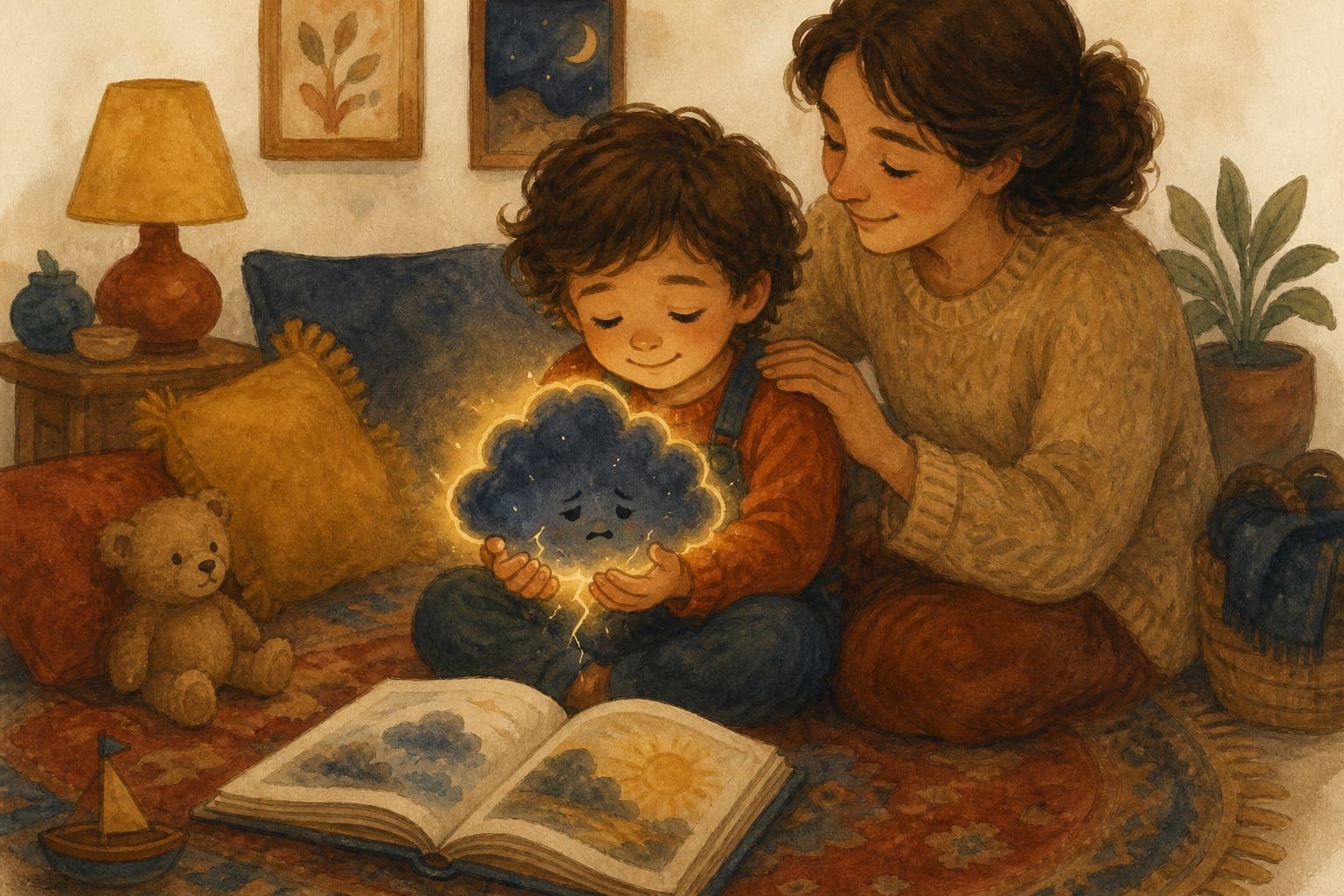 Watercolor illustration of a child gently holding a small glowing storm cloud in their hands while a parent and open storybook sit beside them