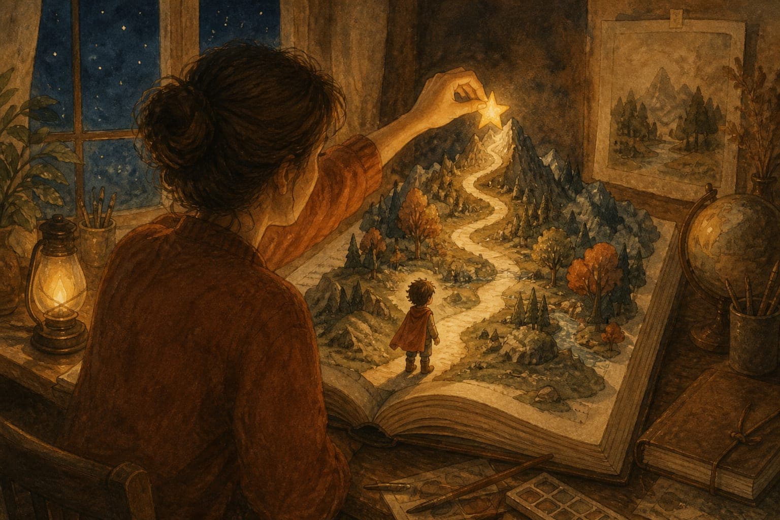 Watercolor illustration of a parent placing a glowing star at the end of a winding story path in an open book, planning the destination before the journey