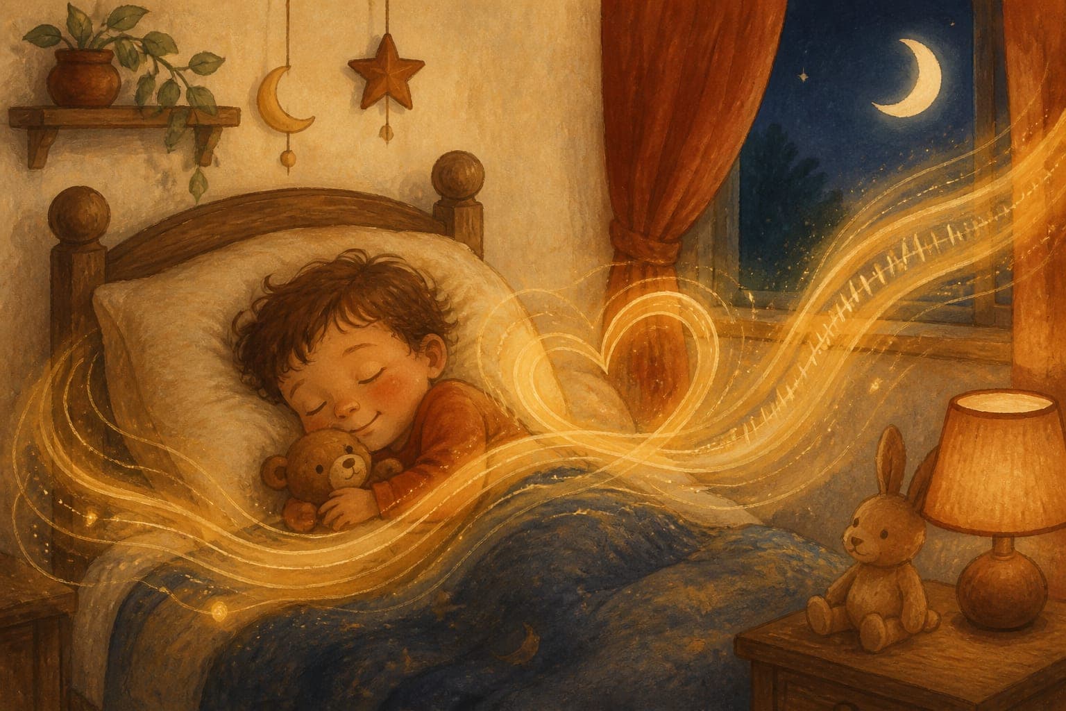 Watercolor illustration of a sleeping toddler wrapped in flowing golden sound-wave ribbons that curl into a heart, with a crescent moon in the window