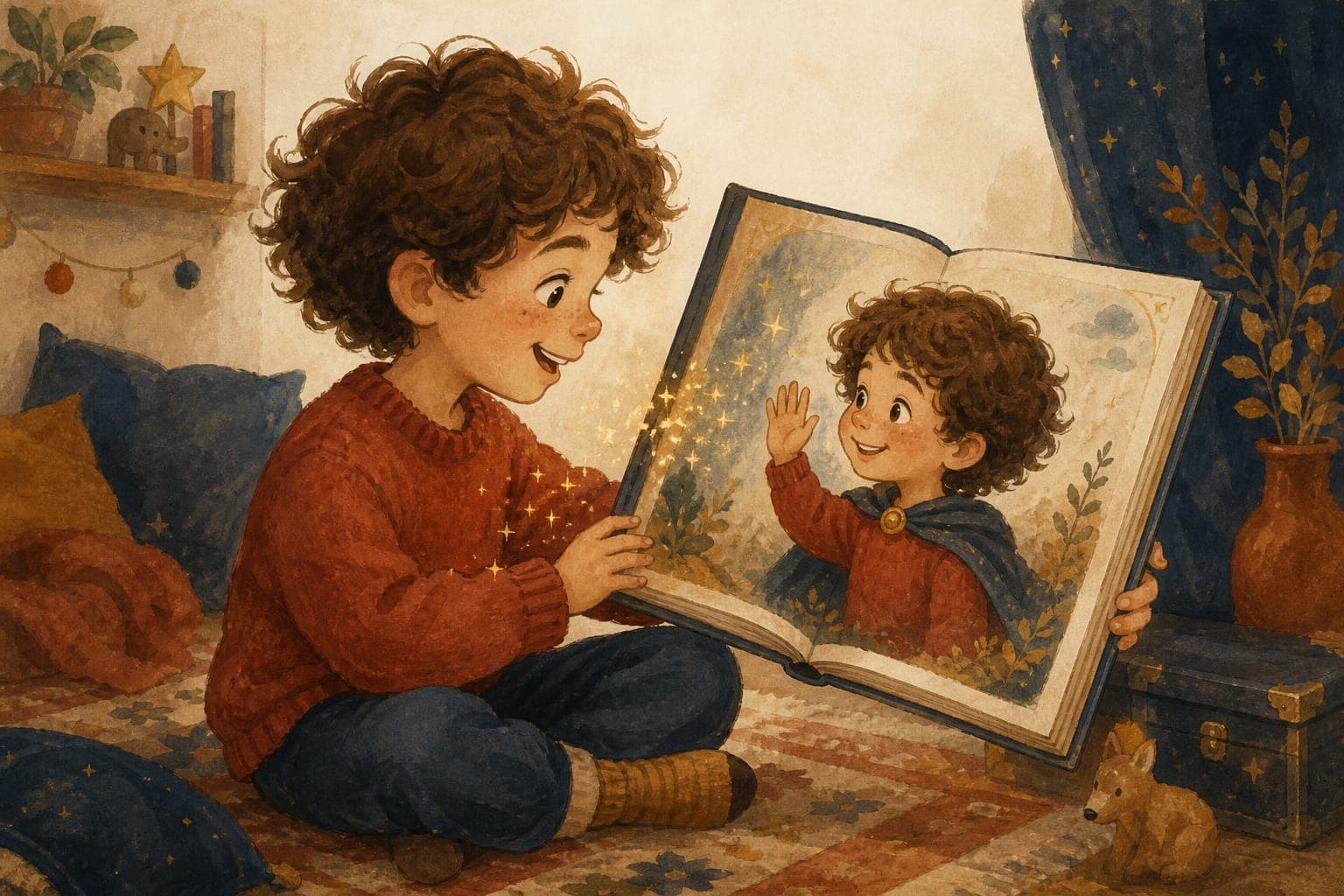 Watercolor illustration of a delighted child holding an open picture book whose painted hero looks exactly like them and waves back