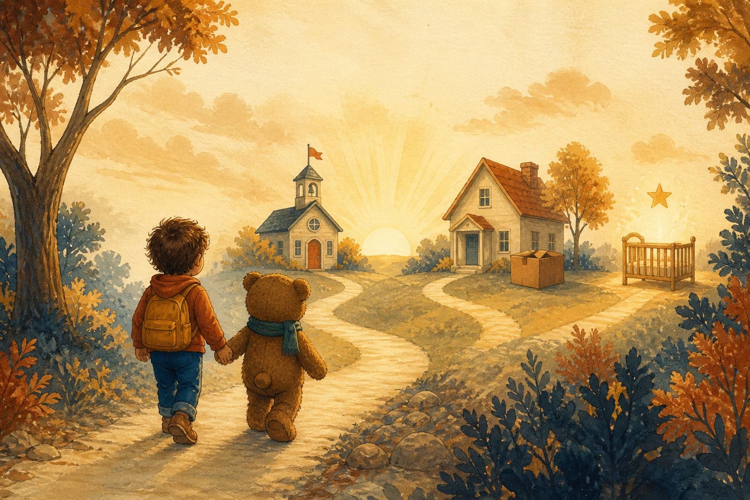 Watercolor illustration of a child walking hand in paw with a teddy bear along a sunrise path toward a schoolhouse, a new home, and a crib