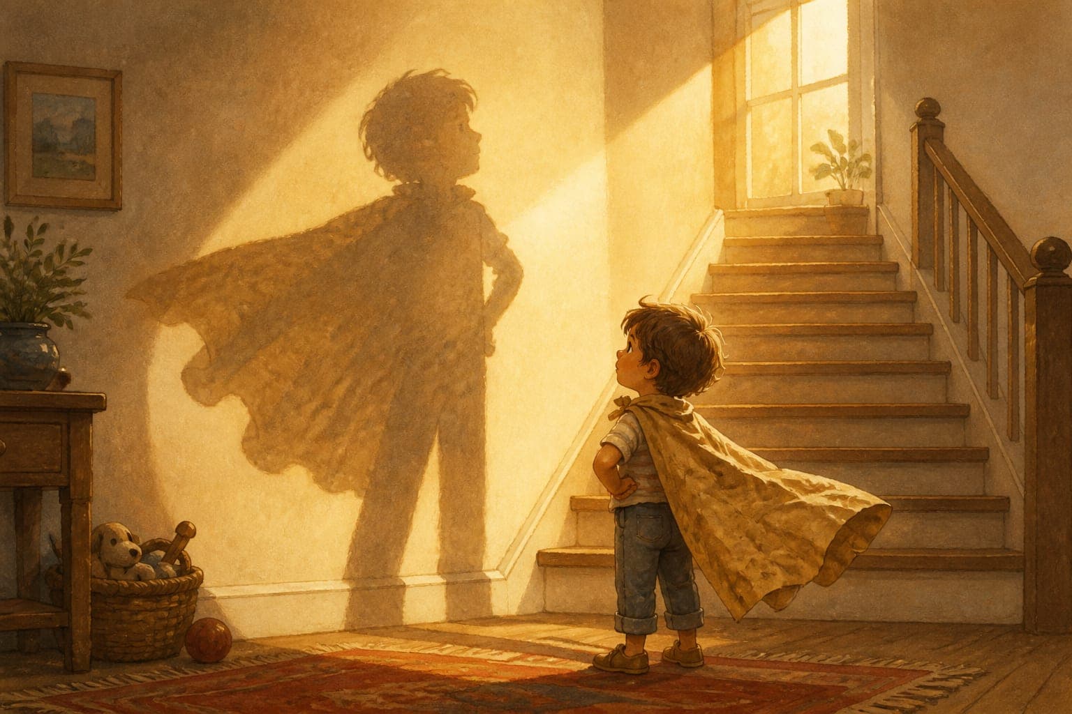 Watercolor illustration of a small child wearing a homemade paper cape standing tall before a big staircase, their long golden shadow shaped like a confident hero