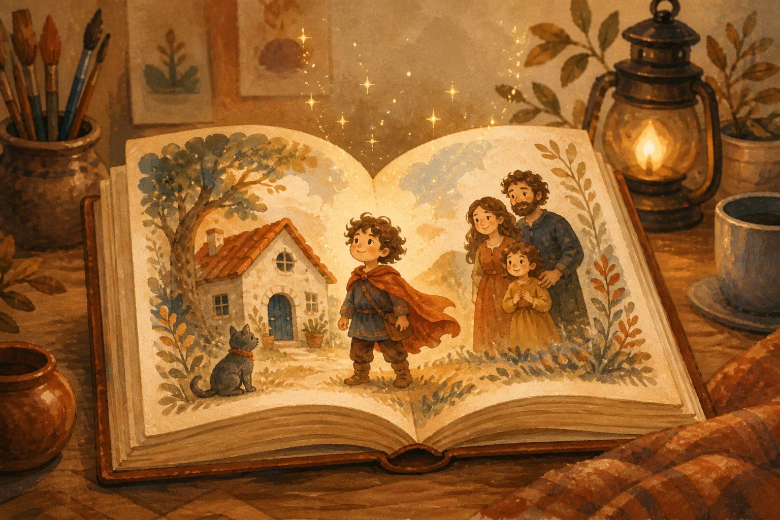 Watercolor illustration of an open storybook whose pages show a small child hero standing before their own house, cat, and family