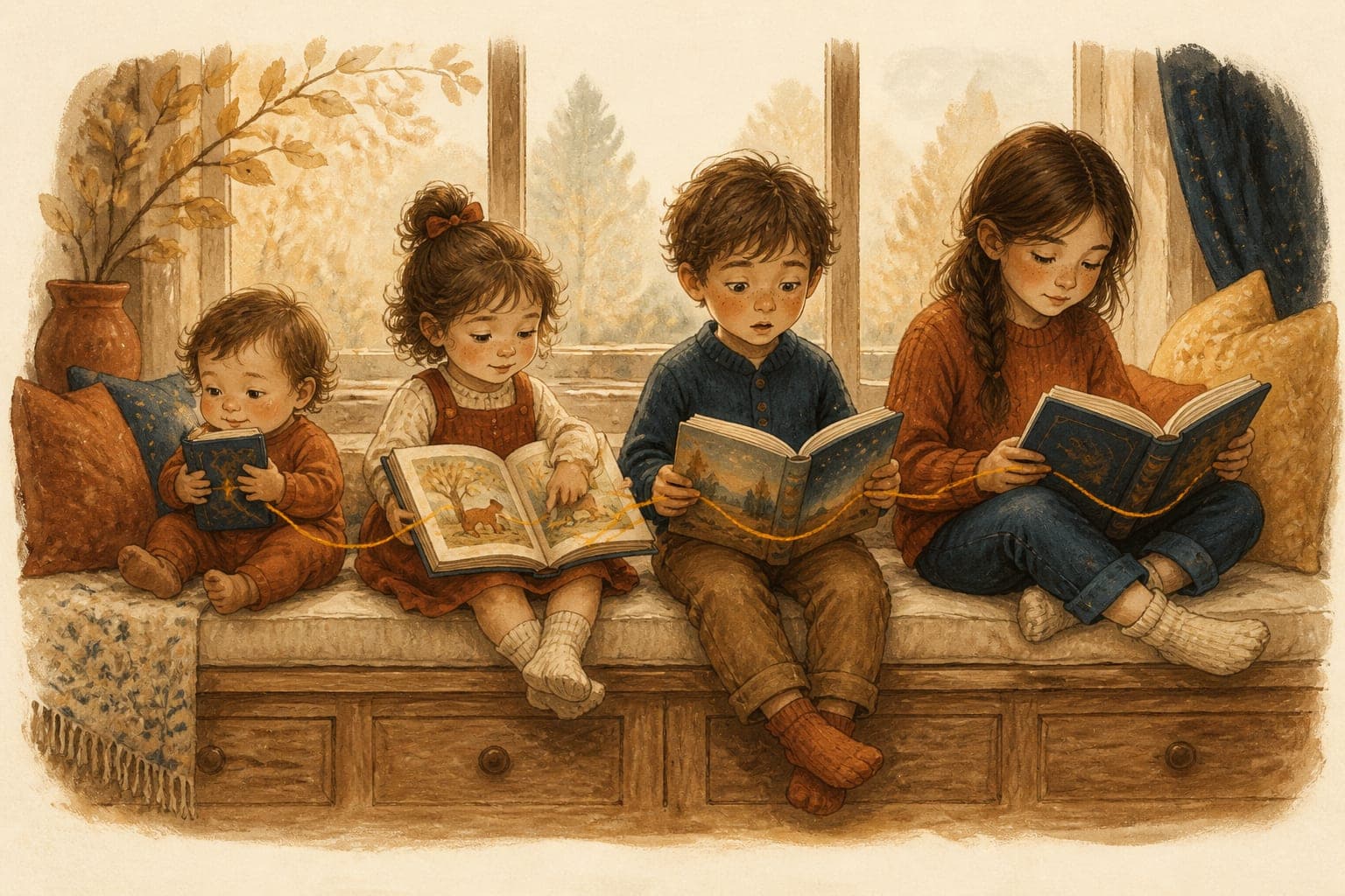 Watercolor illustration of four children of ascending ages seated in a row, each absorbed in a stage of the same growing story