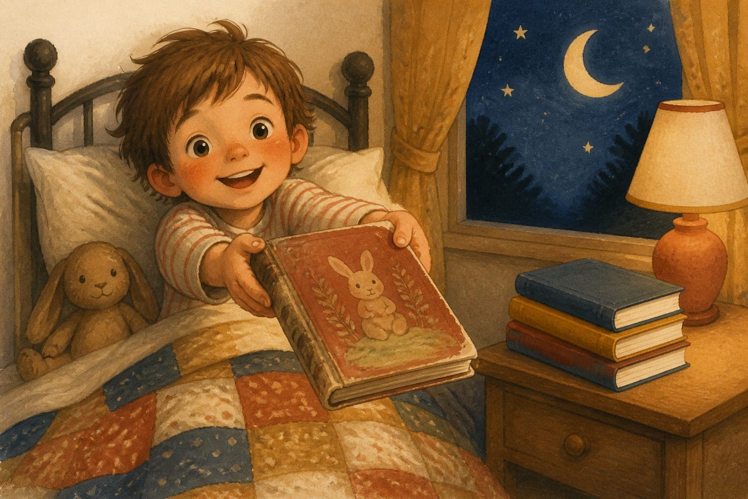 Watercolor illustration of a beaming child in bed holding out a well-worn picture book while a stack of untouched books sits on the nightstand