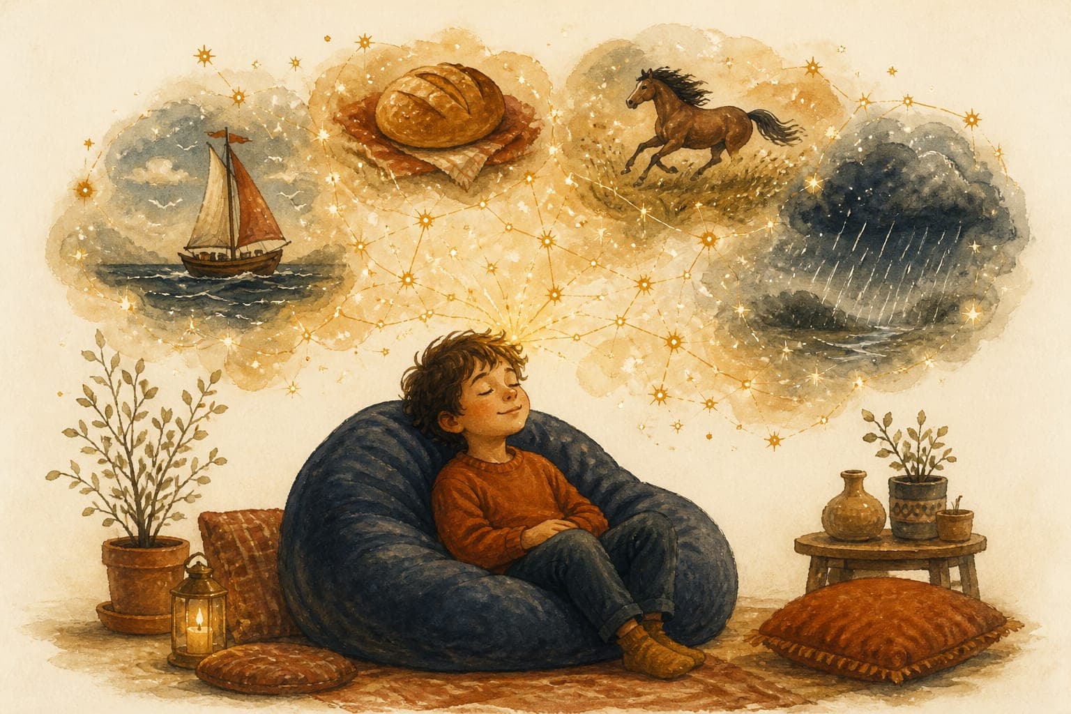 Watercolor illustration of a child listening to a story with a warm constellation of golden lights blooming above their head, forming tiny scenes
