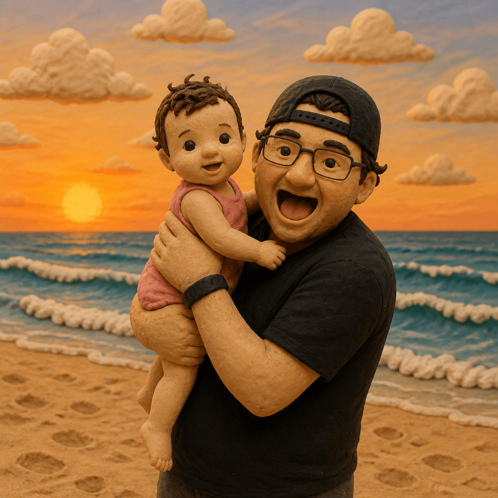 Clay-style portrait of Stan holding his daughter