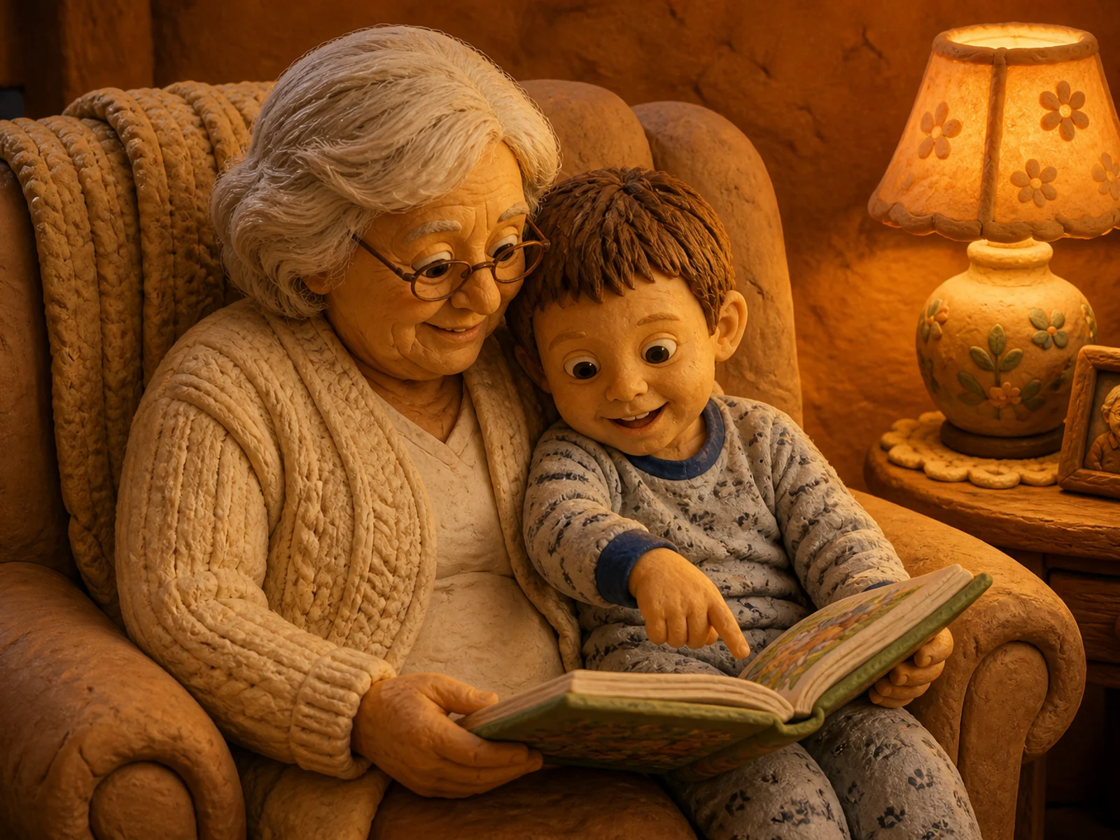 A clay grandmother and her clay grandson reading an illustrated storybook together in a cozy armchair, a warm lamp glowing beside them