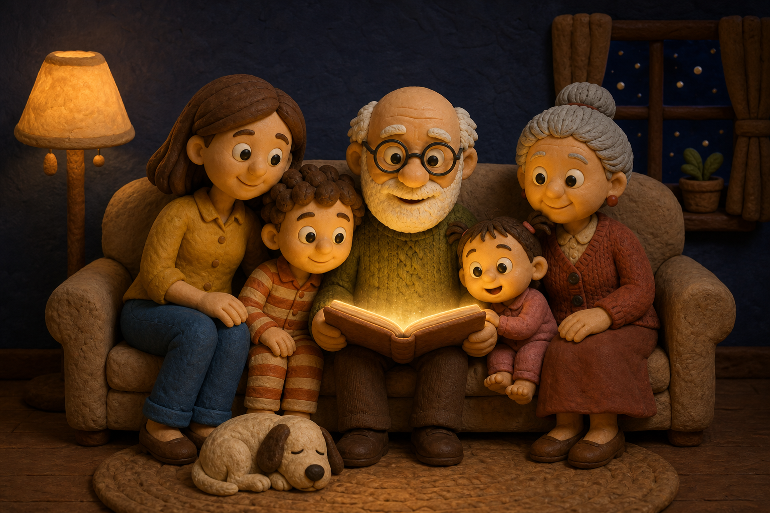 A clay family, grandparents, mother, and two children, gathered on a sofa around one glowing storybook