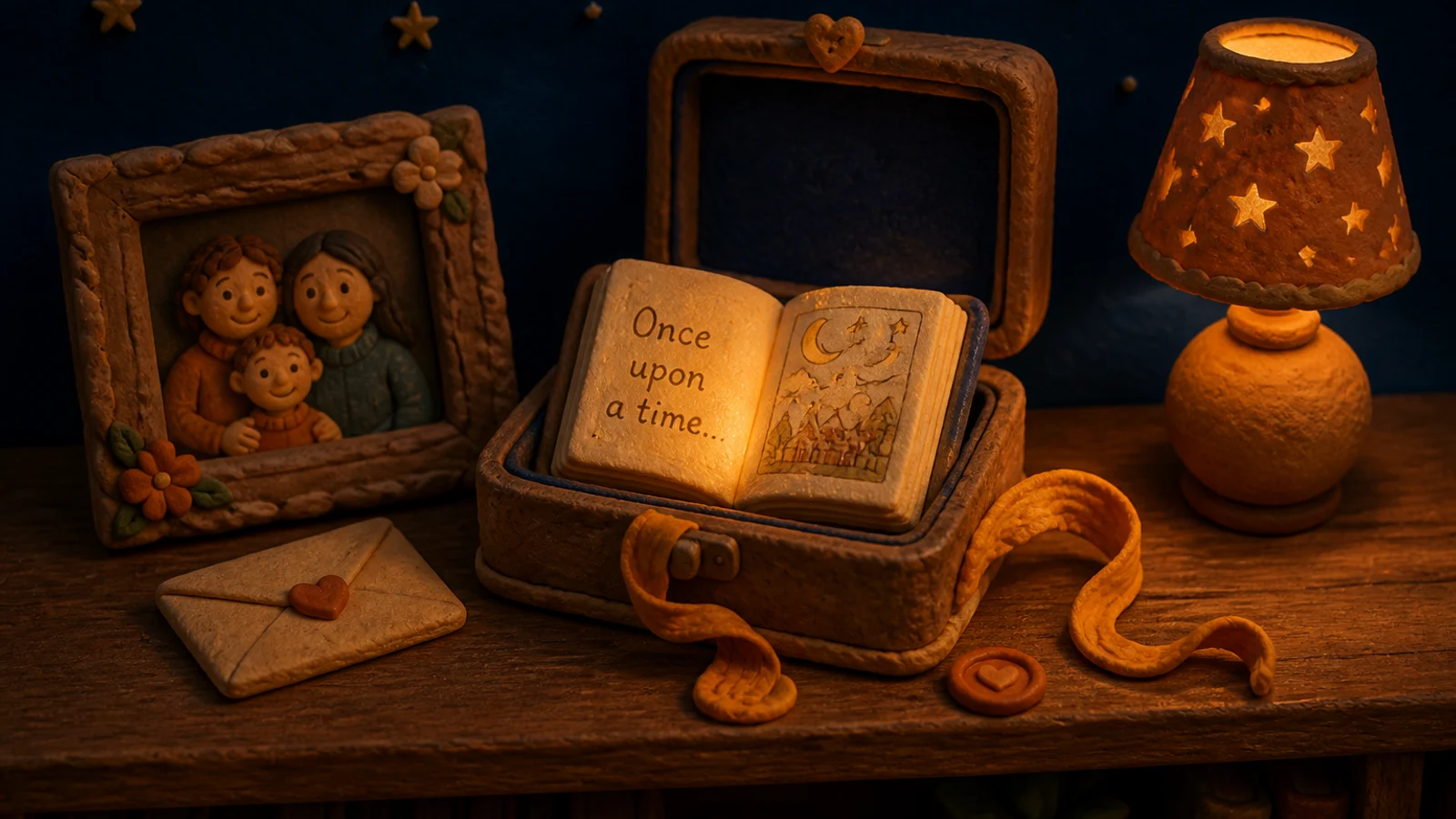 A clay keepsake box on a wooden shelf holding a glowing storybook, beside a framed clay family photo, a small envelope, and a warm lamp