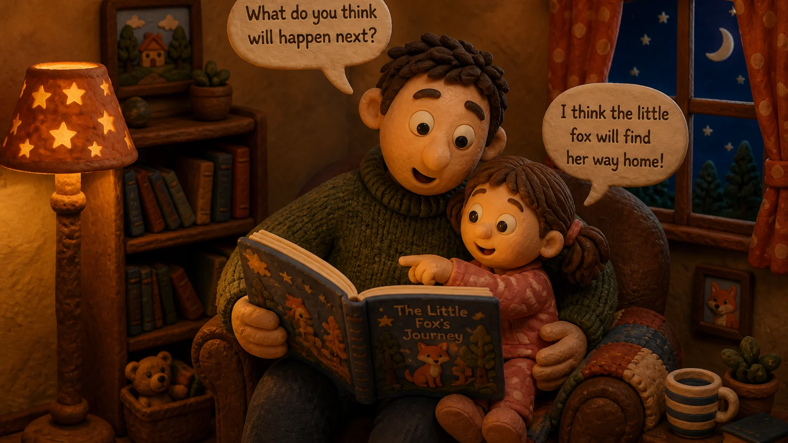 A clay father reads a storybook with his clay daughter on his lap, speech bubbles showing him asking what happens next and her answering