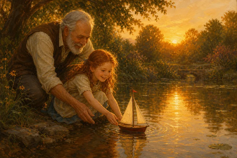 Golden-hour painted illustration of the sample scene